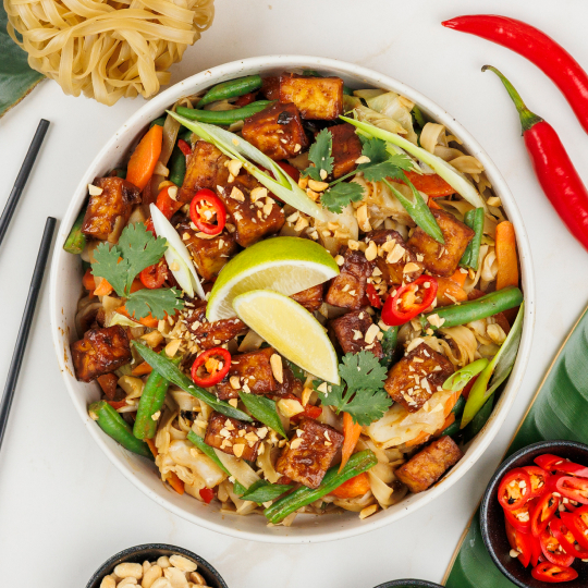 High Protein Vegan Pad Thai with Tofu & Spicy Peanuts