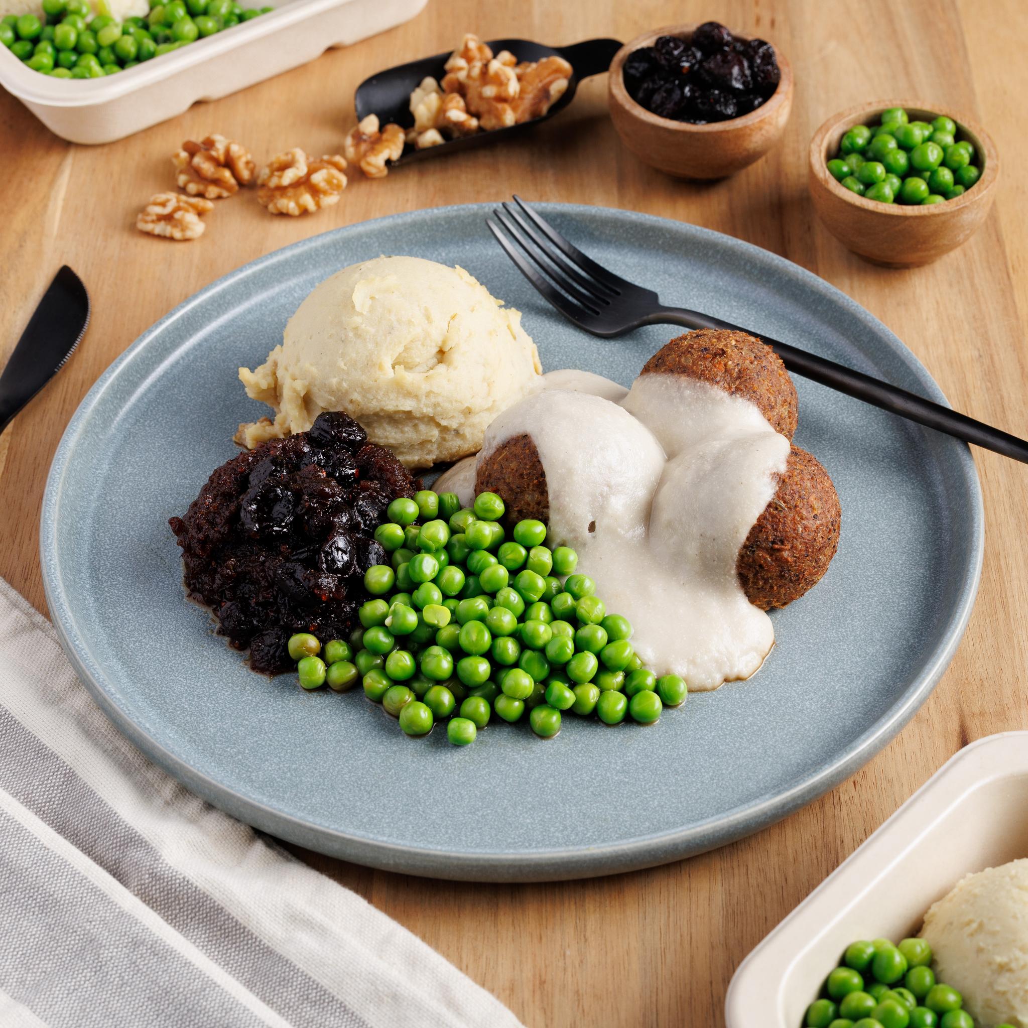 Swedish Meatballs with Creamy Gravy, Garlic Mash & Cranberry Sauce