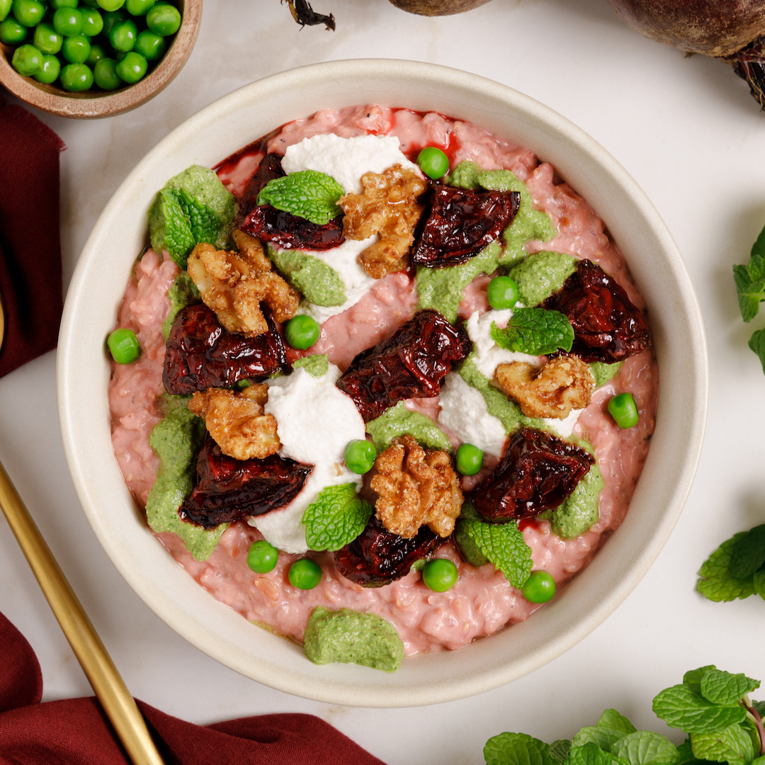 Beetroot Risotto with Cashew Ricotta and Pea Pesto