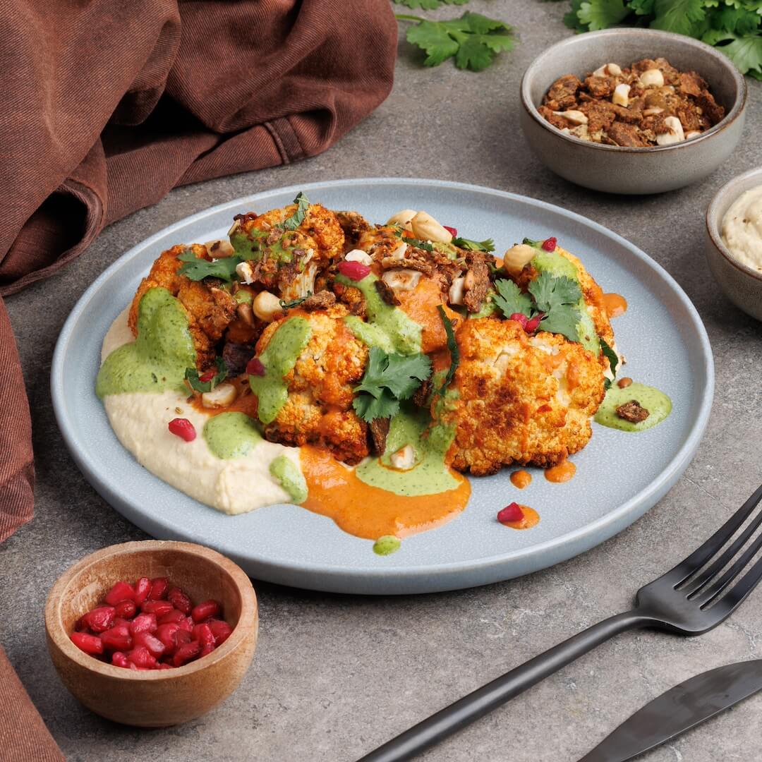 Harissa Roasted Cauliflower Salad with Hummus and Coriander Drizzle